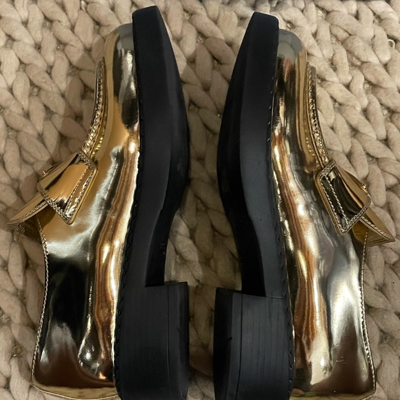 PRADA Triangular Logo Metallic Gold Leather Chocolate Loafers size 39 - Picture 7 of 16